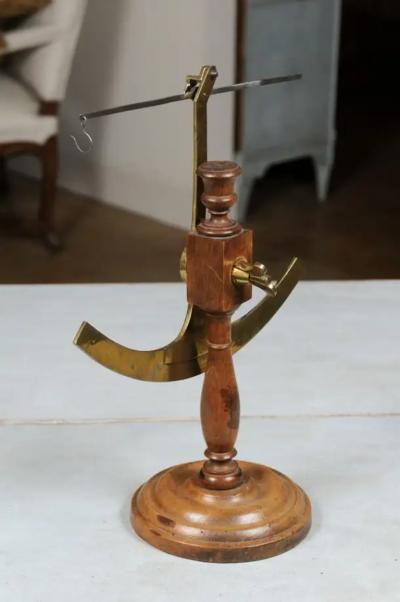 French 19th Century Brass Fabric Scale on Wooden Base Signed Robert A Vienne