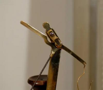 French 19th Century Brass Fabric Scale on Wooden Base by the Maison Piat