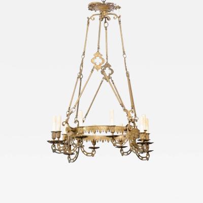 French 19th Century Bronze Twelve Light Ring Chandelier with Scrolling Arms