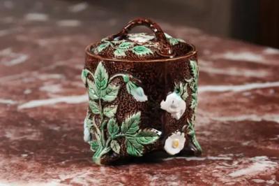 French 19th Century Brown Majolica Lidded Jar with Moulded Floral D cor