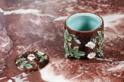 French 19th Century Brown Majolica Lidded Jar with Moulded Floral D cor