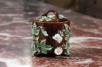 French 19th Century Brown Majolica Lidded Jar with Moulded Floral D cor