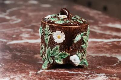 French 19th Century Brown Majolica Lidded Jar with Moulded Floral D cor