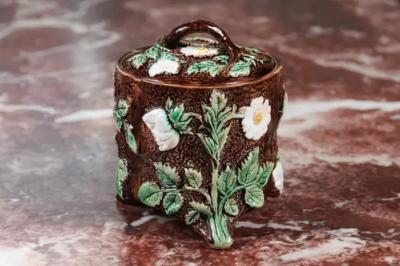 French 19th Century Brown Majolica Lidded Jar with Moulded Floral D cor