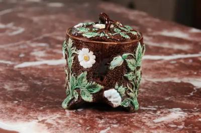 French 19th Century Brown Majolica Lidded Jar with Moulded Floral D cor