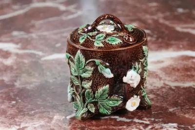 French 19th Century Brown Majolica Lidded Jar with Moulded Floral D cor