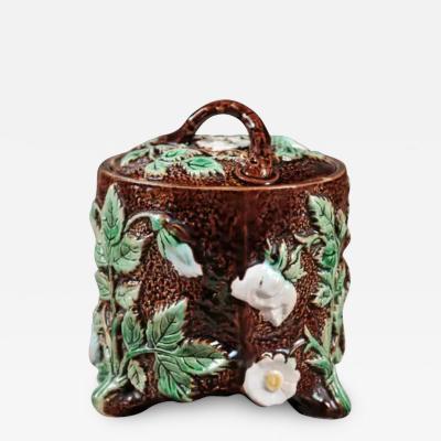 French 19th Century Brown Majolica Lidded Jar with Moulded Floral D cor