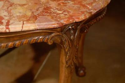 French 19th Century Carved Walnut Center Table with Original Variegated Marble