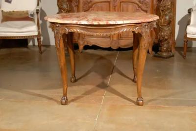 French 19th Century Carved Walnut Center Table with Original Variegated Marble