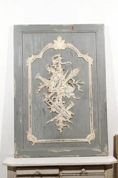 French 19th Century Carved and Painted Wooden Panel with Liberal Arts Allegory