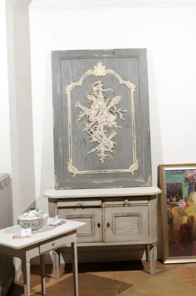 French 19th Century Carved and Painted Wooden Panel with Liberal Arts Allegory