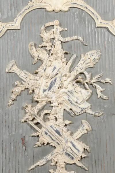 French 19th Century Carved and Painted Wooden Panel with Liberal Arts Allegory