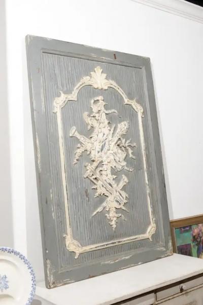 French 19th Century Carved and Painted Wooden Panel with Liberal Arts Allegory