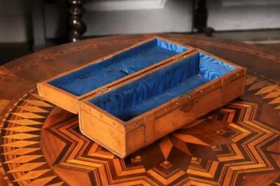 French 19th Century Cherry and Brass Glove Box with Low Relief Carved Motifs