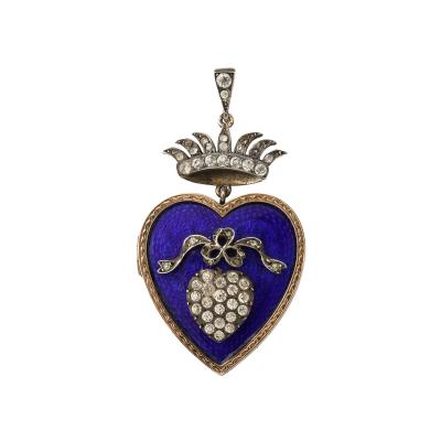 French 19th Century Enamel Heart Locket with French Paste Stones
