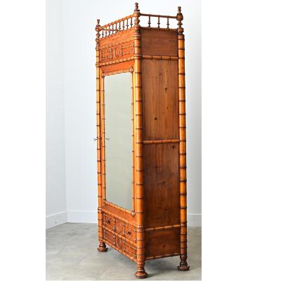 French 19th Century Faux Bamboo Pine Mirror Door Armoire