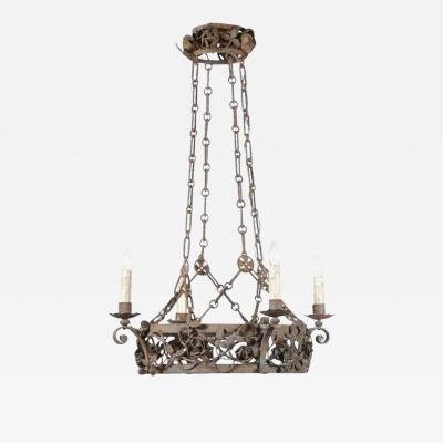 French 19th Century Four Light Iron Ring Chandelier with Flowers and Vines