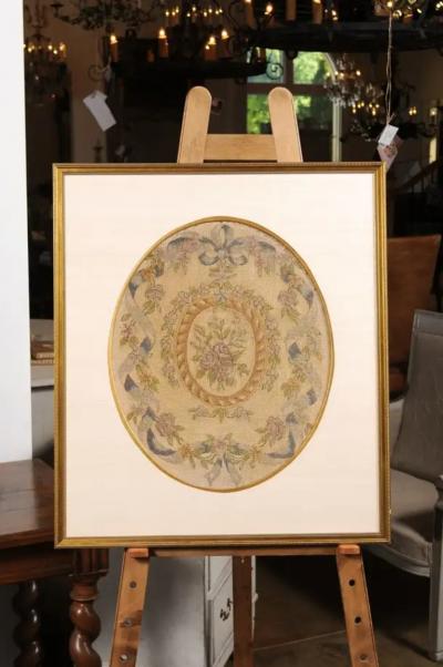 French 19th Century Framed Aubusson Oval Floral Tapestry in Giltwood Frame
