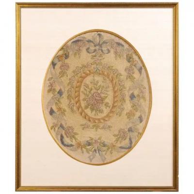 French 19th Century Framed Aubusson Oval Floral Tapestry in Giltwood Frame