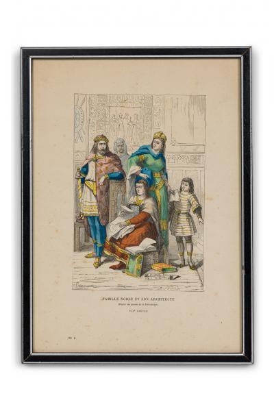 French 19th Century Framed Lithograph of a Parisian Noble Family and their Archi