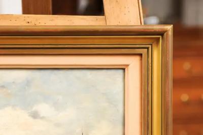 French 19th Century Framed Oil On Panel Painting Depicting a Village by the Sea