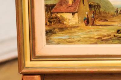 French 19th Century Framed Oil On Panel Painting Depicting a Village by the Sea