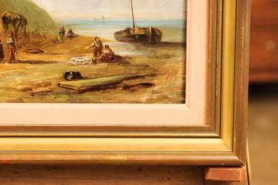 French 19th Century Framed Oil On Panel Painting Depicting a Village by the Sea
