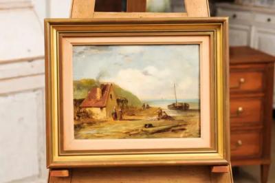 French 19th Century Framed Oil On Panel Painting Depicting a Village by the Sea