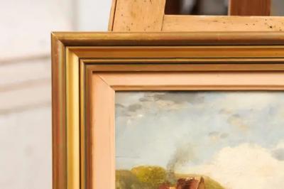 French 19th Century Framed Oil On Panel Painting Depicting a Village by the Sea