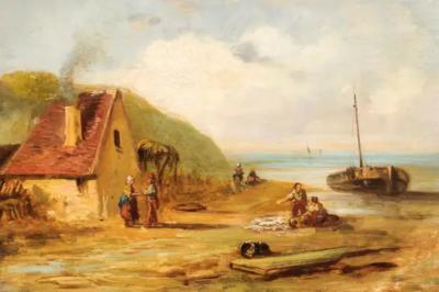 French 19th Century Framed Oil On Panel Painting Depicting a Village by the Sea