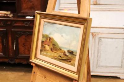 French 19th Century Framed Oil On Panel Painting Depicting a Village by the Sea