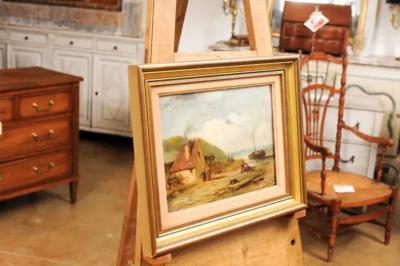 French 19th Century Framed Oil On Panel Painting Depicting a Village by the Sea