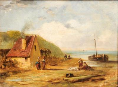 French 19th Century Framed Oil On Panel Painting Depicting a Village by the Sea