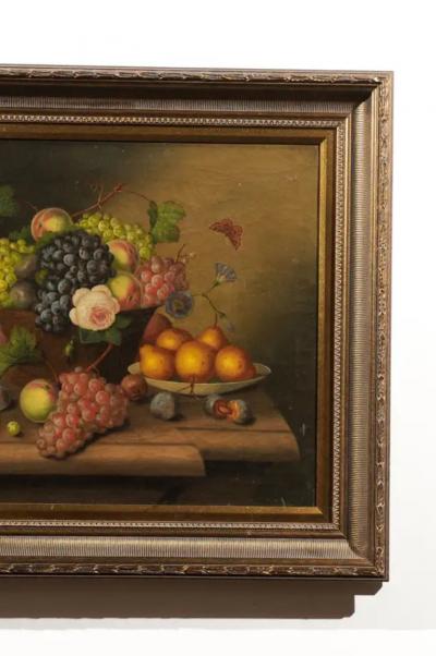 French 19th Century Framed Oil on Canvas Still Life Painting Depicting Fruits