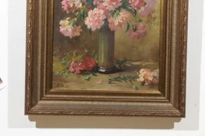 French 19th Century Framed Oil on Canvas Still Life Painting with Pink Bouquet