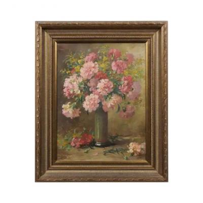 French 19th Century Framed Oil on Canvas Still Life Painting with Pink Bouquet