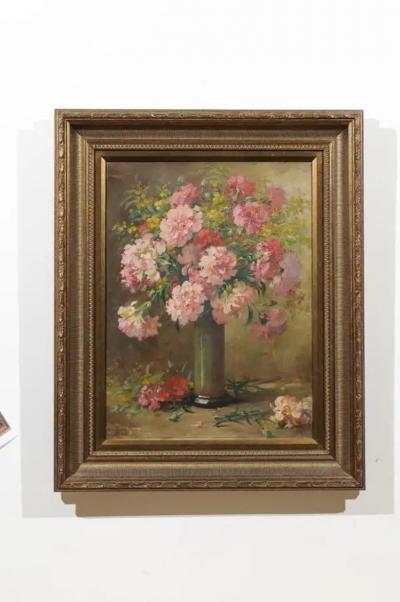French 19th Century Framed Oil on Canvas Still Life Painting with Pink Bouquet