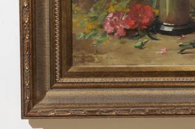 French 19th Century Framed Oil on Canvas Still Life Painting with Pink Bouquet