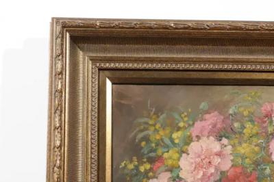 French 19th Century Framed Oil on Canvas Still Life Painting with Pink Bouquet