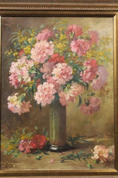 French 19th Century Framed Oil on Canvas Still Life Painting with Pink Bouquet