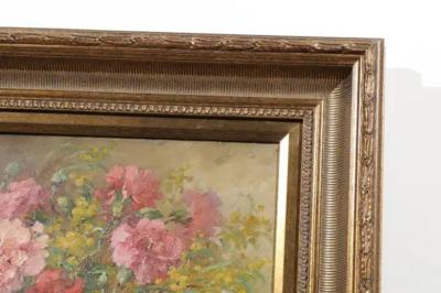 French 19th Century Framed Oil on Canvas Still Life Painting with Pink Bouquet