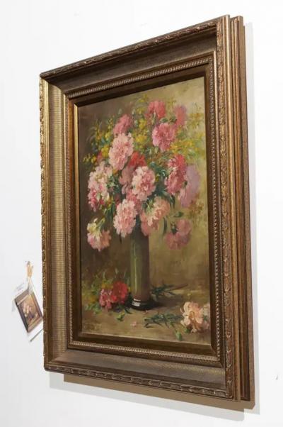 French 19th Century Framed Oil on Canvas Still Life Painting with Pink Bouquet