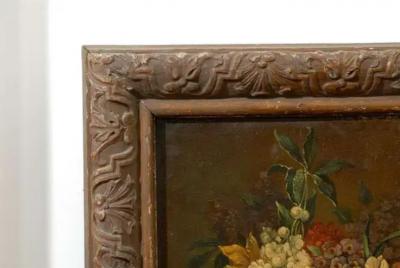 French 19th Century Framed Still life Floral Painting with Dog and Rabbit Motifs