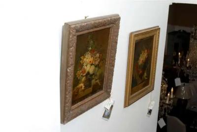 French 19th Century Framed Still life Floral Painting with Dog and Rabbit Motifs