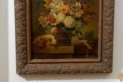 French 19th Century Framed Still life Floral Painting with Dog and Rabbit Motifs