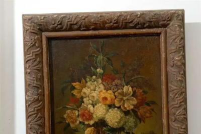 French 19th Century Framed Still life Floral Painting with Dog and Rabbit Motifs