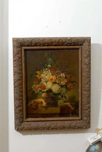 French 19th Century Framed Still life Floral Painting with Dog and Rabbit Motifs