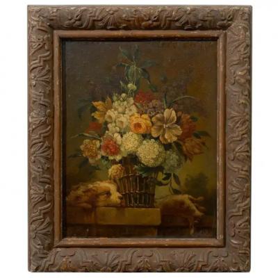 French 19th Century Framed Still life Floral Painting with Dog and Rabbit Motifs