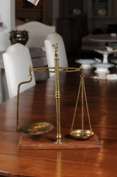 French 19th Century Freestanding Brass Tea Scale Mounted on Wooden Base