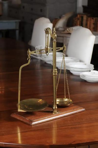 French 19th Century Freestanding Brass Tea Scale Mounted on Wooden Base